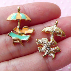 Beach Chair with Umbrella Enamel Charms (2pcs / 15mm x 21mm / Gold, Orange & Green) Summer Jewellery Swimming Pool Outdoor Activity CHM1697