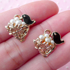 Bird Nest and Bird Enamel Charm w/ Cream Pearl (2pcs / 17mm x 16mm / Gold & Black) Lovely Animal Charm Earrings Pendant Bracelet CHM1700