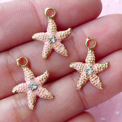 Tiny Starfish Charms Sea Star Enamel Charms w/ Clear Rhinestones (3pcs / 13mm x 17mm / Gold & Pink) Star Fish Seastar Add on Charm CHM1704