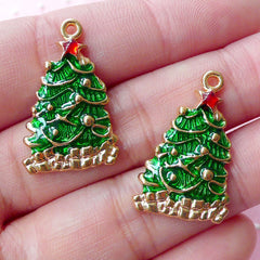 Enamel Christmas Tree Charm (2pcs / 16mm x 26mm / Gold & Green) Mini Christmas Ornament Party Decoration Favor Charm Wine Charm CHM1705