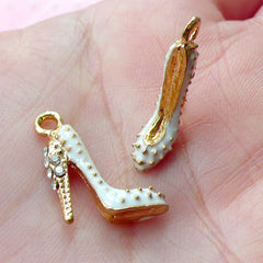 Super High Heel Enamel Charm 3D Dollhouse Shoe Charm w/ Bling Rhinestone (2pcs / 14mm x 17mm / Gold & White / 2 Sided) Lady Charm CHM1707