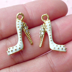 Super High Heel Enamel Charm 3D Dollhouse Shoe Charm w/ Bling Rhinestone (2pcs / 14mm x 17mm / Gold & White / 2 Sided) Lady Charm CHM1707