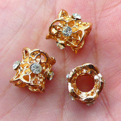 Gold Filigree Beads w/ Clear Rhinestones (3 pcs / 9mm x 9mm) Intricate Lace Bead Large Big Hole Bead European Bracelet Necklace CHM1708