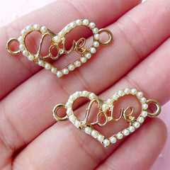 Love Heart Connector Charms w/ Pearl (2pcs / 30mm x 15mm / Gold) Valentines Day Jewelry Wedding Decor Necklace Bracelet Link Charm CHM1719