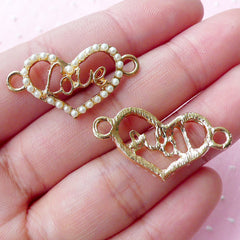 Love Heart Connector Charms w/ Pearl (2pcs / 30mm x 15mm / Gold) Valentines Day Jewelry Wedding Decor Necklace Bracelet Link Charm CHM1719