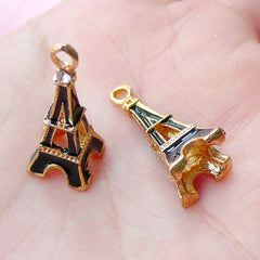 CLEARANCE 3D Eiffel Tower Enamel Charms w/ Clear Rhinestone (2pcs / 10m x 23mm / Gold and Black / 4 Sided) Paris Theme Jewelry Traveller Charm CHM1720