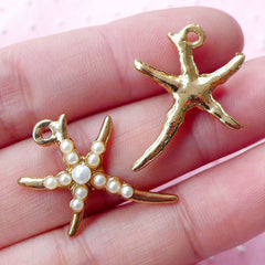 Gold Star Fish Charms Seastar Charms w/ Pearl (2pcs / 18mm x 24mm / Gold) Starfish Earrings Sea Star Pendant Beach Wedding Supplies CHM1725