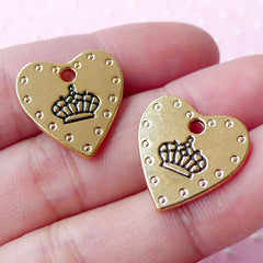Gold Heart Tag Charms Crown Charm (2pcs / 22mm x 23mm / 2 Sided) Princess Necklace Bracelet Keychain Favor Charm Zipper Pull Charm CHM1730