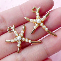 Gold Star Fish Charms Seastar Charms w/ Pearl (2pcs / 18mm x 24mm / Gold) Starfish Earrings Sea Star Pendant Beach Wedding Supplies CHM1725