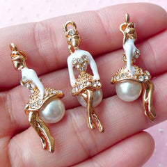 3D Lady Enamel Charm with Pearl & Rhinestones (1 piece / 9mm x 34mm / Gold and White) Ballerina Princess Whimsical Kitsch Jewelry CHM1735