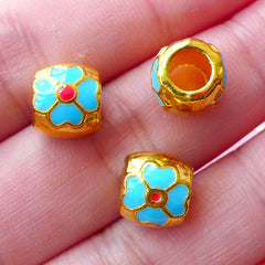 Flower Enamel Round Beads (3pcs / 9mm x 8mm / Gold, Blue & Red) Big Hole Focal Bead Floral Slider Beads European Bracelet Necklace CHM1741