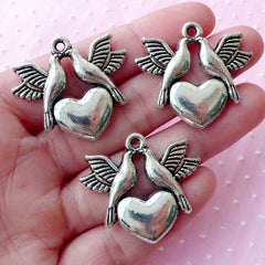 CLEARANCE Lovebird and Heart Charms Dove and Peace Charm (3pcs / 33mm x 30mm / Tibetan Silver) Bird Jewelry Love Charm Wedding Decoration CHM1742