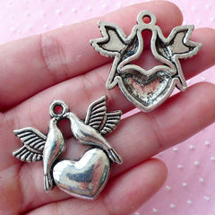 CLEARANCE Lovebird and Heart Charms Dove and Peace Charm (3pcs / 33mm x 30mm / Tibetan Silver) Bird Jewelry Love Charm Wedding Decoration CHM1742