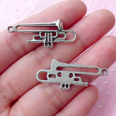 Silver Trumpet Charms (6pcs / 33mm x 14mm / Tibetan Silver) Music Instrument Jewelry Musician Pendant Necklace Earrings Keychain CHM1757