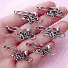 Silver Trumpet Charms (6pcs / 33mm x 14mm / Tibetan Silver) Music Instrument Jewelry Musician Pendant Necklace Earrings Keychain CHM1757