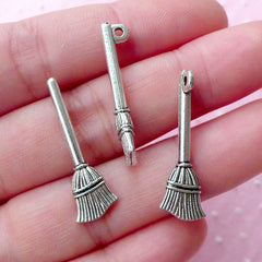 Broom Charms (8pcs / 9mm x 27mm / Tibetan Silver / 2 Sided) Halloween Jewelry Miniature Witch Broom Dollhouse Broom Houseware Charm CHM1764