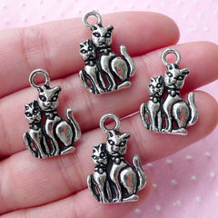 CLEARANCE Silver Cat Family Charms (4pcs / 15mm x 23mm / Tibetan Silver / 2 Sided) Kitty Kitten Animal Mother and Child Jewelry Couple Charm CHM1767
