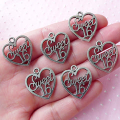 Sweet 16 Charms Heart Tag Charm (6pcs / 19mm x 21mm / Tibetan Silver) Sweet Sixteen Word Message Charm Favor Charm Gift Decoration CHM1778