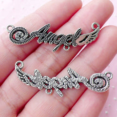 Angel with Wing Connector Charms (4pcs / 13mm x 43mm / Tibetan Silver) Word Charm Letter Angel Pendant Necklace Bracelet Link Charm CHM1785