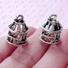 CLEARANCE Silver Bird Cage Charms in 3D (2pcs / 13mm x 18mm / Tibetan Silver) Birdcage Whimsical Jewelry Pendant Necklace Miniature Dollhouse CHM1784