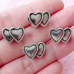 CLEARANCE Double Heart Beads (4pcs / 14mm x 9mm / Tibetan Silver / 2 Sided) European Bead Bracelet Necklace Wedding Valentines Day Jewellery CHM1803