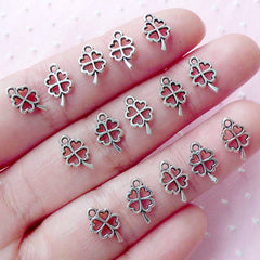 Tiny Four Leaf Clover Charms Lucky Charm (15pcs / 6mm x 10mm / Tibetan Silver / 2 Sided) Good Luck Jewelry Clover Drop Add On Charm CHM1816