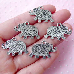 CLEARANCE Elephant w/ Flower Motif Charms (5pcs / 24mm x 17mm / Tibetan Silver / 2 Sided) Caparisoned Elephant Animal Baby Shower Favor Charm CHM1817