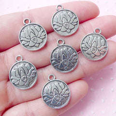 Lotus OM Charms Water Lily Tag Charm (6pcs / 15mm x 18mm / Tibetan Silver / 2 Sided) Flower Jewelry Floral Drop Zen Oriental Yoga CHM1841