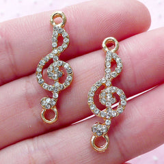 Treble Clef Connector Charm Link with Clear Rhinestones G-clef Charms (2pcs / 9mm x 28mm / Gold) Music Note Jewellery DIY Bracelet CHM1846