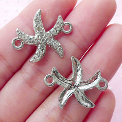 Starfish Link Charms with Clear Rhinestones (2pcs / 23mm x 19mm / Silver) Bling Bling Jewellery Sea Star Bracelet Connector Charm CHM1853