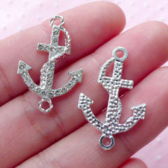 CLEARANCE Silver Anchor Link Charm w/ Clear Rhinestones (2pcs / 17mm x 26mm) Nautical Pendant Bling Jewellery Yacht Boat Ship Charm Bracelet CHM1857