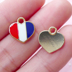 Heart France Enamel Charms (3pcs / 12mm x 12mm / Gold) French Flag Heart Pendant Travel Lover Jewelry Vacation Holiday Add On Charm CHM1858
