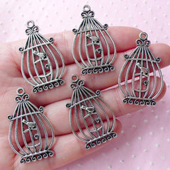 CLEARANCE Silver Bird Cage Charms (5pcs / 21mm x 34mm / Tibetan Silver) Whimsical Pendant Necklace Earrings Zipper Pull Key Chain Purse Charm CHM1865