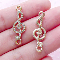 Treble Clef Connector Charm Link with Clear Rhinestones G-clef Charms (2pcs / 9mm x 28mm / Gold) Music Note Jewellery DIY Bracelet CHM1846