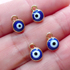 Tiny Evil Eye Enamel Charms (4pcs / 7mm x 9mm / Gold & Blue / 2 Sided) Turkish Jewellery Nazar Stink Eye To Mati Spiritual Charm CHM1848