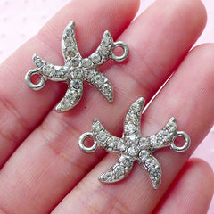 Starfish Link Charms with Clear Rhinestones (2pcs / 23mm x 19mm / Silver) Bling Bling Jewellery Sea Star Bracelet Connector Charm CHM1853