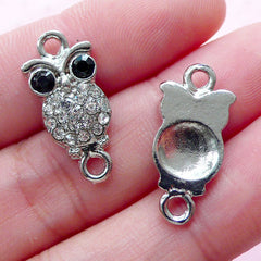 Owl Link Charms w/ Rhinestones (2pcs / 10mm x 22mm / Silver) Bling Bling Animal Jewellery Bird Bracelet Necklace Connector Charm CHM1855