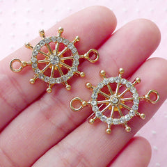 CLEARANCE Rhinestones Ship Wheel Link Charms Boat Wheel Connector Charm (2pcs / 20mm x 27mm / Gold) Bling Bling Nautical Jewellery Bracelet CHM1873