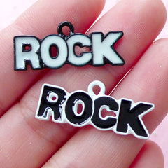 Enameled Rock Charms (2pcs / 11mm x 26mm / Black & White) Rock And Roll Music Jewellery Word Charm Message Charm Key Ring Bag Charm CHM1877