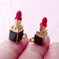 Enameled Lipstick Charms (2pcs / 7mm x 20mm / Gold, Red & Black) 3D Lip Stick Pendant Lady Fashion Beauty Charm DIY Bag Purse Charm CHM1878