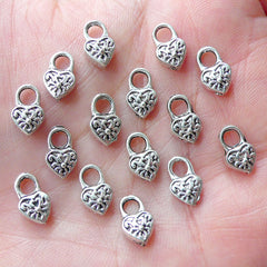 Tiny Heart Lock Charms Miniature Key Lock Charm (15pcs / 6mm x 10mm / Tibetan Silver / 2 Sided) Valentines Day Wedding Favor Charm CHM1888