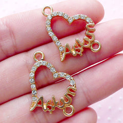 Aşkim "My Love" Heart Link Charms w/ Bling Rhinestones (2pcs / 27mm x 20mm / Gold) Turkish Jewelry Wedding Bracelet Connector Charm CHM1870