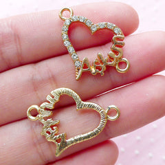 Aşkim "My Love" Heart Link Charms w/ Bling Rhinestones (2pcs / 27mm x 20mm / Gold) Turkish Jewelry Wedding Bracelet Connector Charm CHM1870