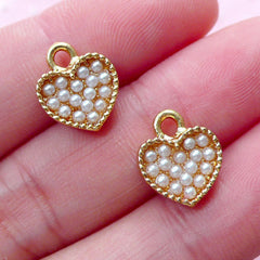Heart Charm with Cream Pearls (2pcs / 10mm x 12mm / Gold) Tiny Heart Drop Valentines Love Charm Bridesmaid Jewellery Wedding Supply CHM1881