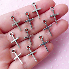 Silver Latin Cross Charms (10pcs / 10mm x 18mm / Tibetan Silver / 2 Sided) Catholic Christian Religious Necklace Cross Drop Earrings CHM1891