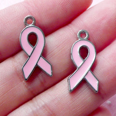 CLEARANCE Light Pink Ribbon Enamel Charms Awareness Ribbon Charm Breast Cancer Charm (2pcs / 10mm x 21mm / Silver) Zipper Pull Keyring Charm CHM1895