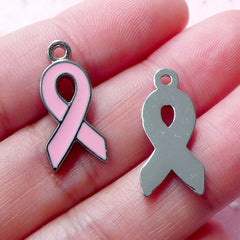 CLEARANCE Light Pink Ribbon Enamel Charms Awareness Ribbon Charm Breast Cancer Charm (2pcs / 10mm x 21mm / Silver) Zipper Pull Keyring Charm CHM1895