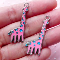 Enameled Giraffe Charms (2pcs / 18mm x 35mm / Silver & Pink) Purse Bag Zipper Pull Key Chain Bookmark Charm Baby Shower Favor Charm CHM1896