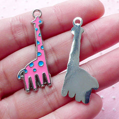 Enameled Giraffe Charms (2pcs / 18mm x 35mm / Silver & Pink) Purse Bag Zipper Pull Key Chain Bookmark Charm Baby Shower Favor Charm CHM1896