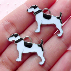 Black and White Dog Enamel Charms (2pcs / 27mm x 18mm / Silver) Animal Zipper Pull Pet Keychain Dog Lover Jewellery Collar Charm CHM1898